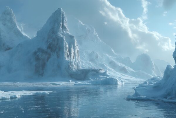 Serene icy landscape with towering icebergs and calm waters under a bright sky.