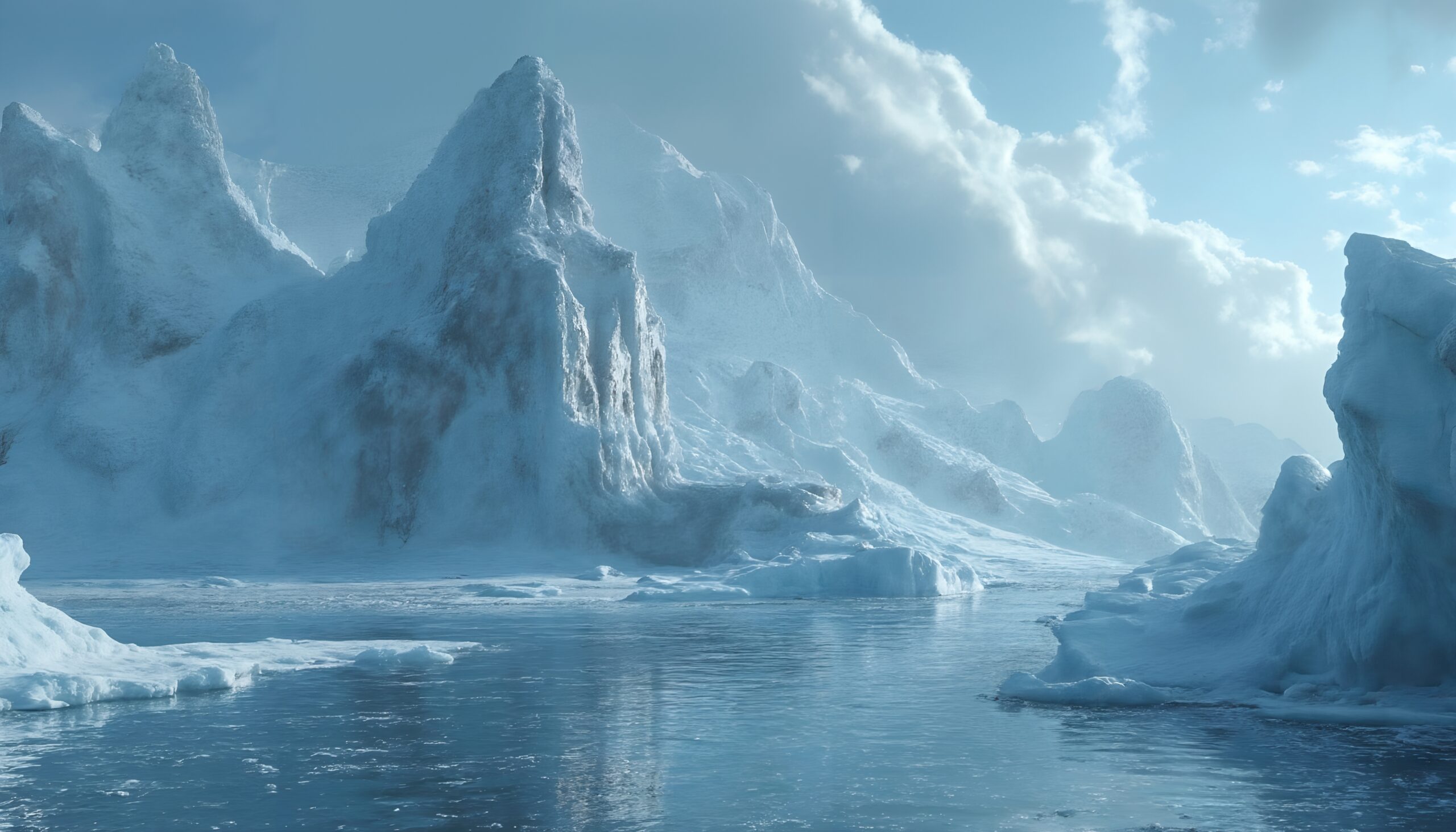 Majestic Icebergs Under Bright Sky