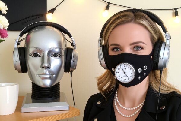 A blonde woman with a clock mask and headphones beside a mannequin head.