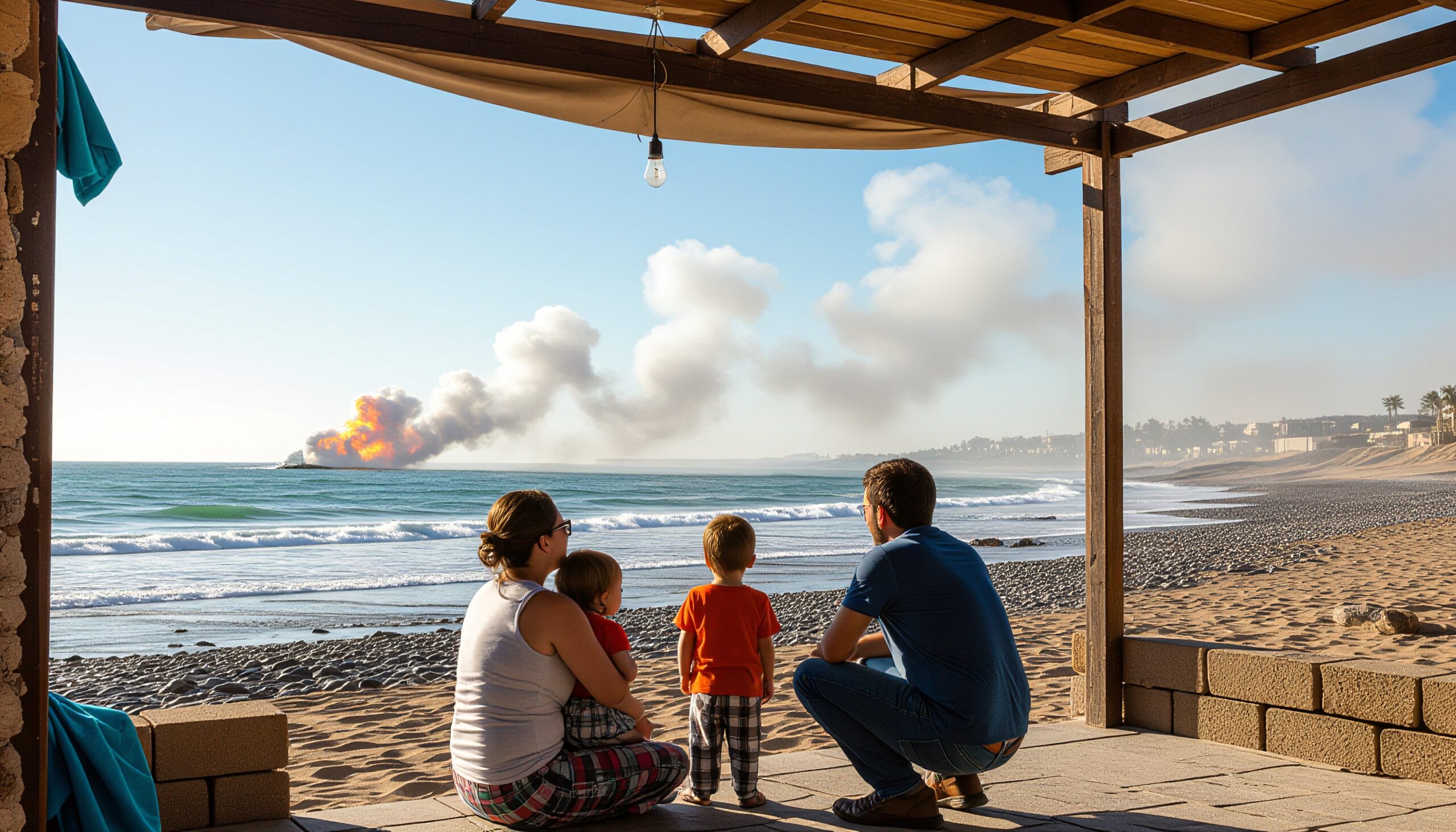 Family Watches Ship Ablaze Offshore