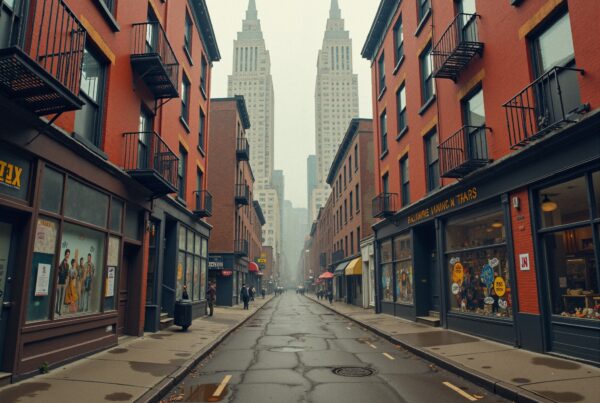 A narrow urban street with red-brick buildings, showcasing storefronts and distant skyscrapers under an overcast sky.