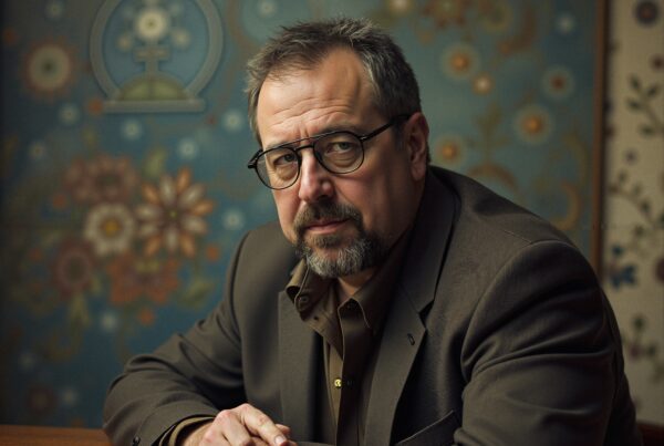 A thoughtful man in a brown suit seated against a floral-patterned background.