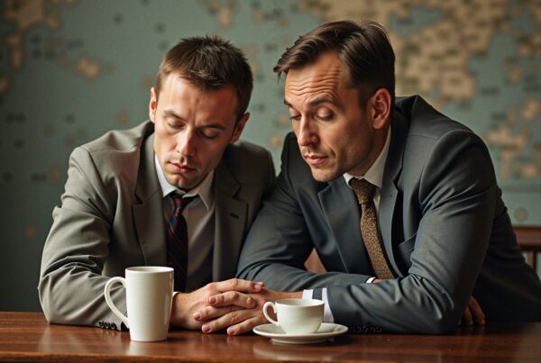 Two businessmen in suits, deep in thought, sit at a coffee table with a global map background, creating a contemplative business setting.