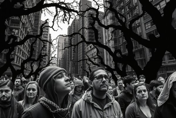 A crowd in city under black branches, creating a surreal, mystical urban scene.