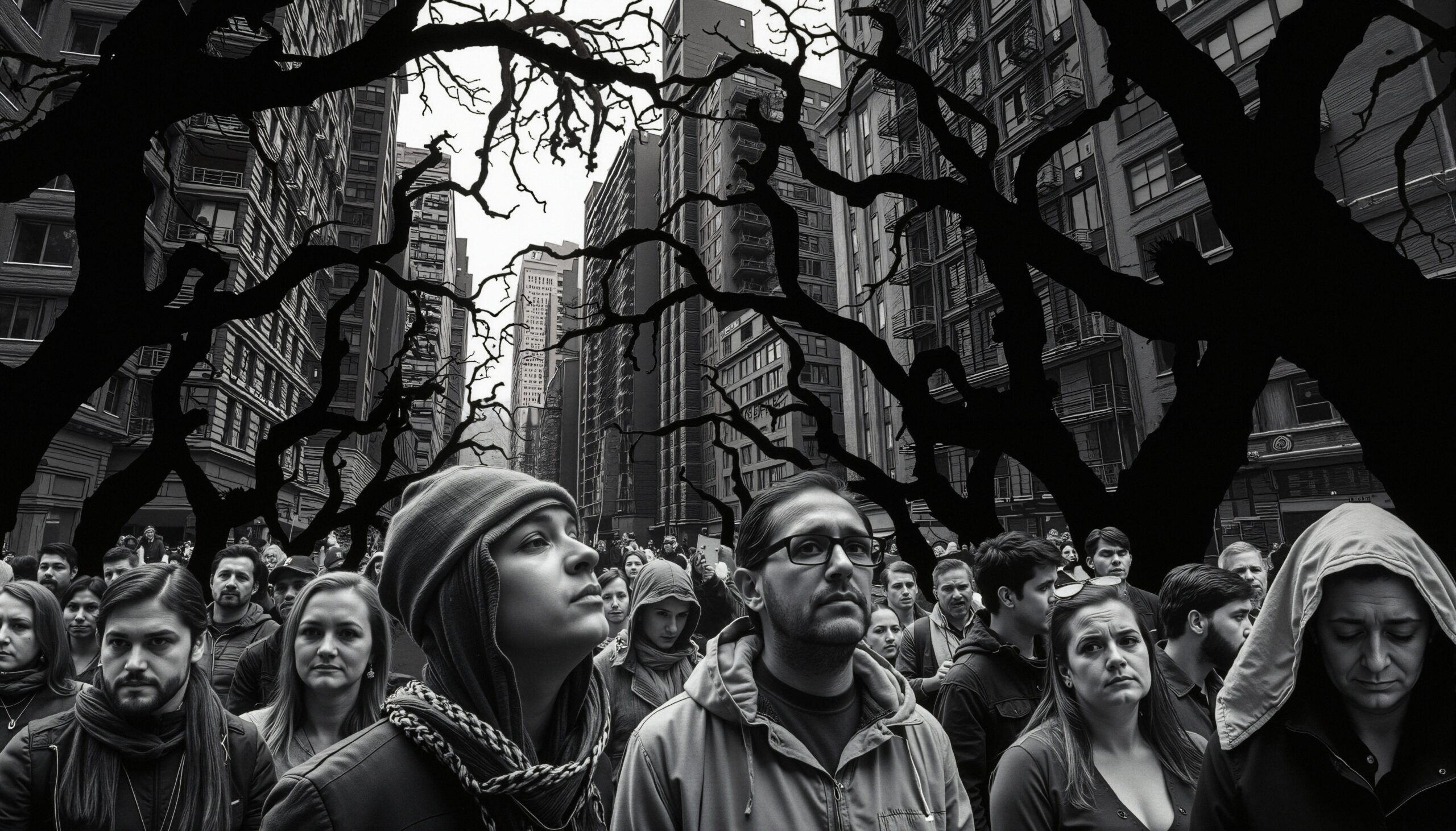 Urban Crowd with Dark Branches