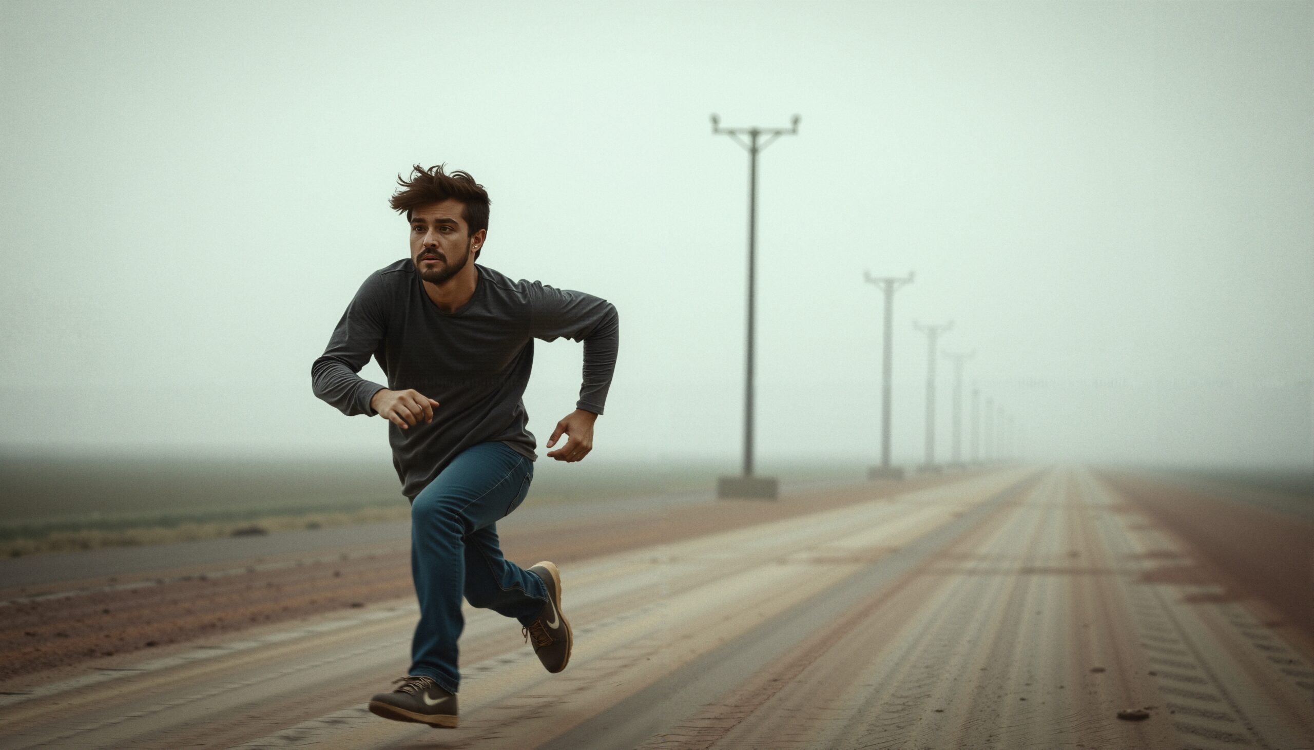 Determined Man Running on Road