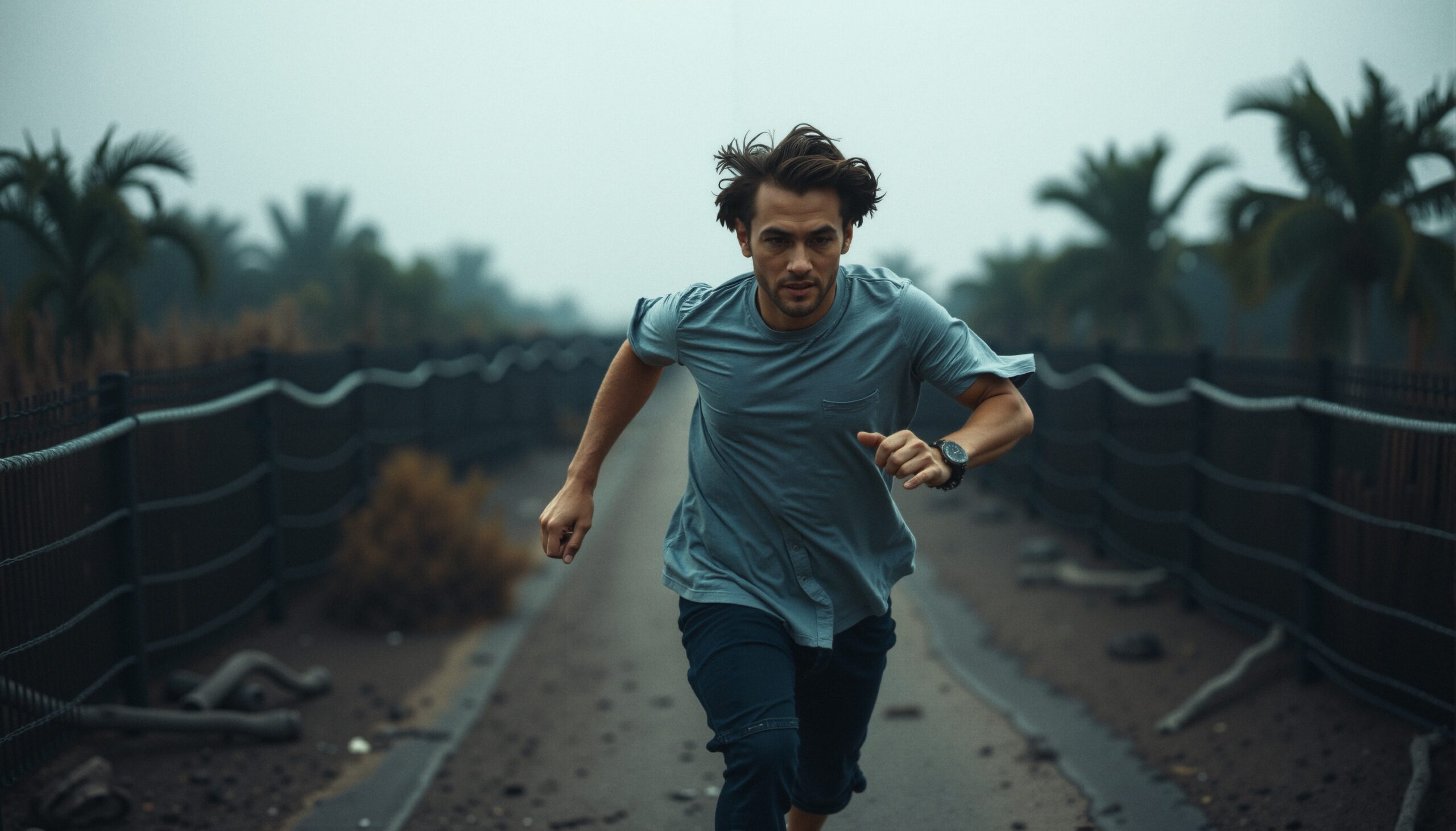 Focused Runner Amidst Palm Trees