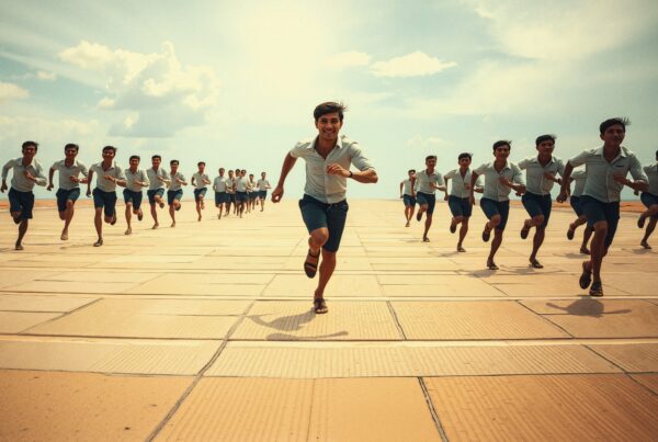 Young men energetically running forward outdoors.