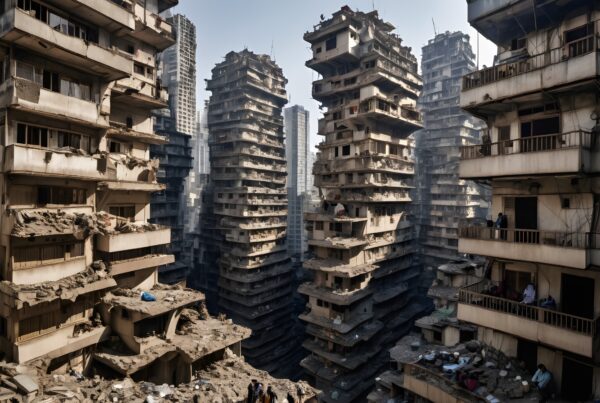 An image of abandoned, crumbling skyscrapers contrasting against modern city buildings, highlighting urban decay and dereliction.