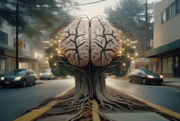 A brain-shaped tree with glowing lights and roots extending into the street, amidst cars and city buildings, blending nature and technology.