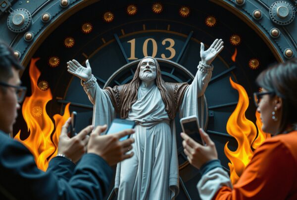 A captivating statue with raised arms surrounded by flames, captured by people with smartphones in a dramatic setting.