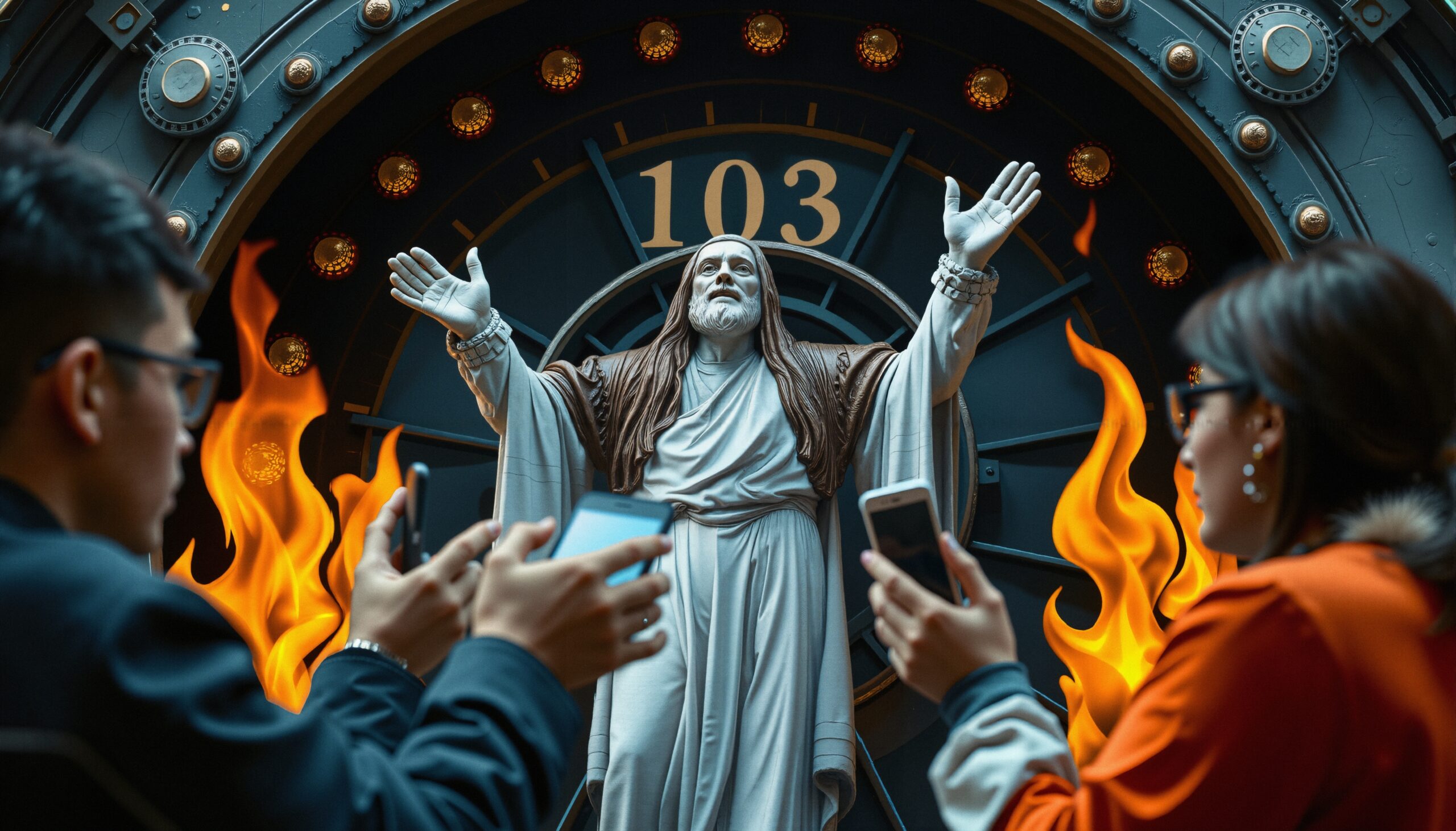 Statue Embraced by Modern Technology