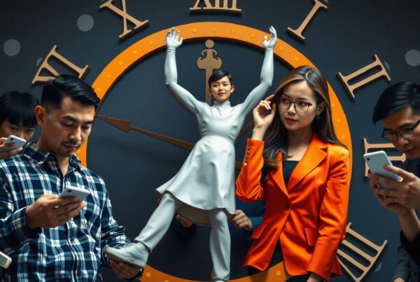 People gather around artistic clock, central figure posed like clock hands, surrounded by mobile phone users, vibrant scene.