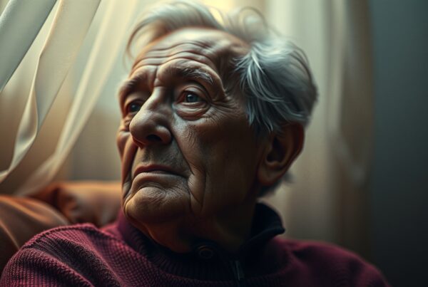 Elderly man gazing out window in a softly lit room.