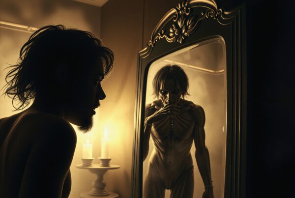 A man confronting a sinister reflection in a dimly lit room with candles.