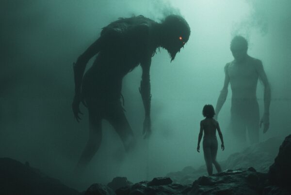 A small child faces two ominous, towering figures in a foggy, eerie landscape.