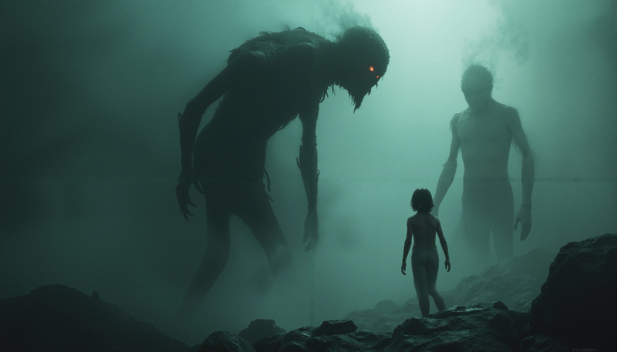 Giant Figures Face Small Child