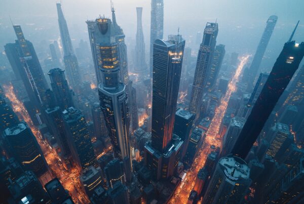 Aerial view of illuminated skyscrapers in a bustling city as dusk falls, with glowing streets and misty atmosphere.