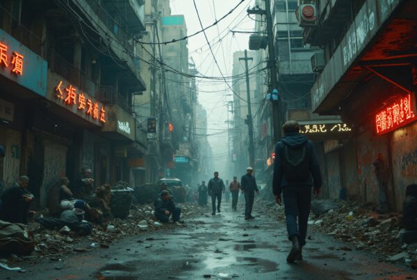 A narrow street lined with neon signs and litter in a crowded urban environment.
