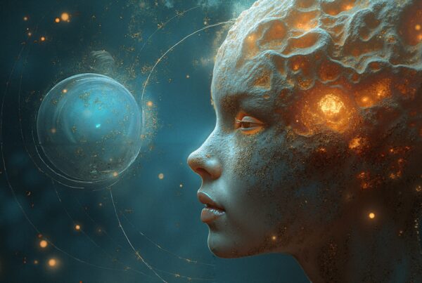 Futuristic humanoid with cosmic aura.