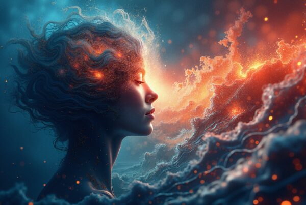 Surreal artwork of a woman blending with fire.