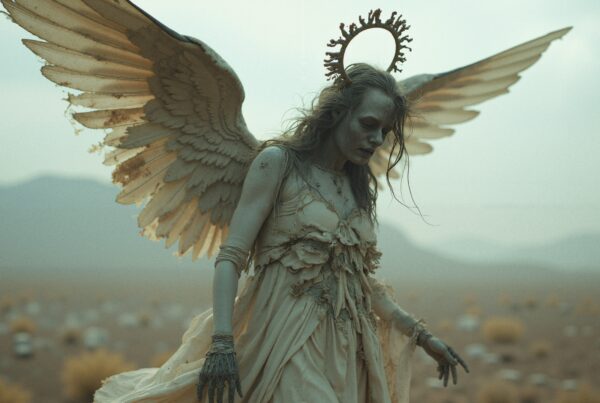 An ethereal figure with angelic wings and a halo, standing in a barren desert landscape under diffused light.