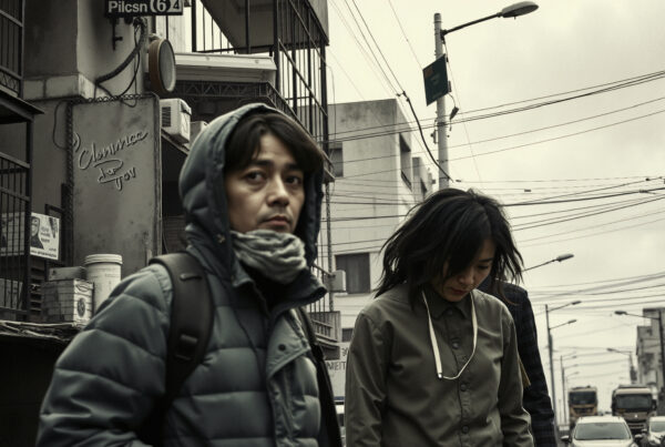 A man and woman walk through a city street, wrapped in winter clothing, with a gray, urban backdrop and overcast skies, conveying a sense of isolation.