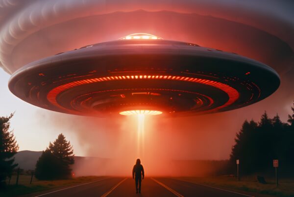 A lone figure stands under a glowing UFO on a rural road, creating an intense and mysterious scene.