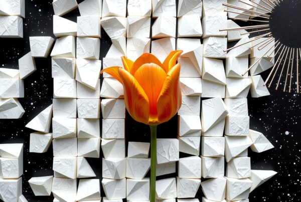 A bright orange tulip set against a geometric backdrop of folded white paper shapes and a black starry background.