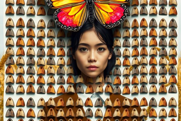 A young woman's face with a butterfly and temple pattern, symbolizing nature and imagination.
