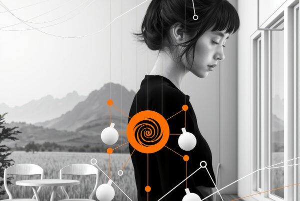 A thoughtful woman in a modern room with abstract digital designs and a scenic mountain view.