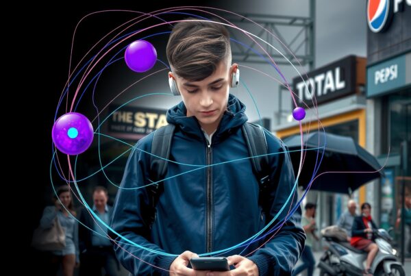 Young person engrossed in smartphone with digital elements amidst busy city backdrop, highlighting urban connectivity.