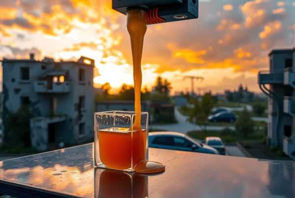 Glass of orange liquid being poured with sunset and urban background.