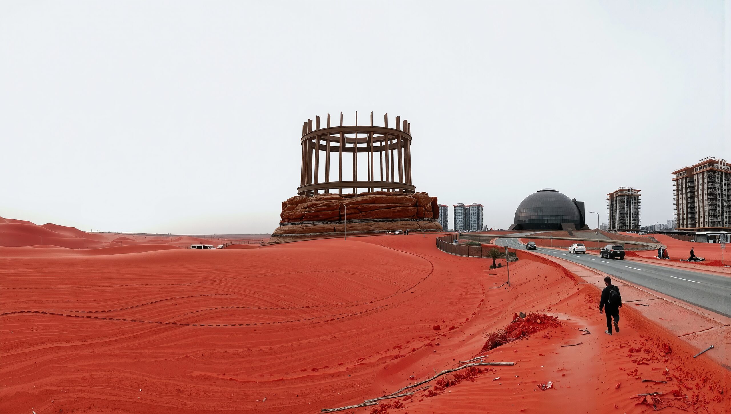 Desert and futuristic architecture contrast