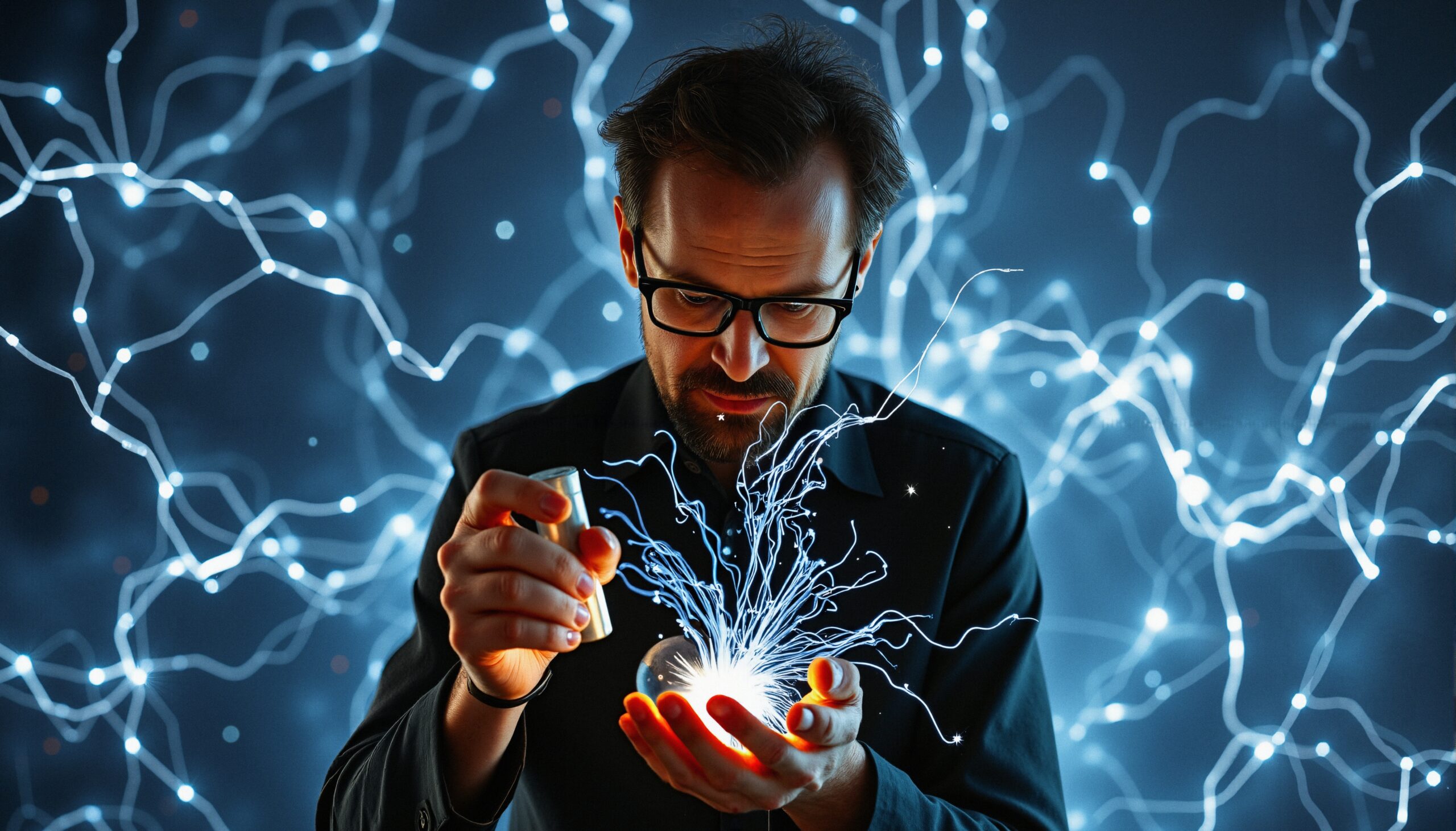 Man Conducting Electric Light Experiment