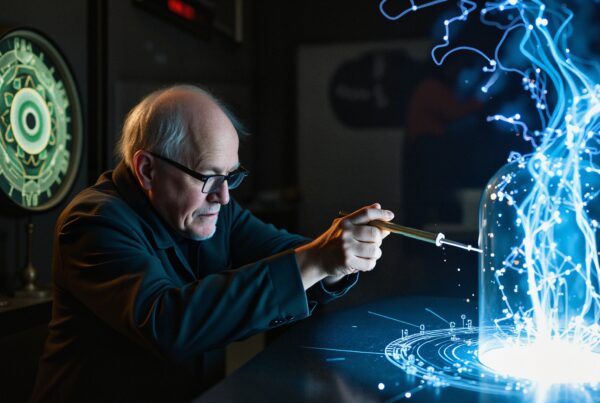 Elderly scientist examines glowing hologram.