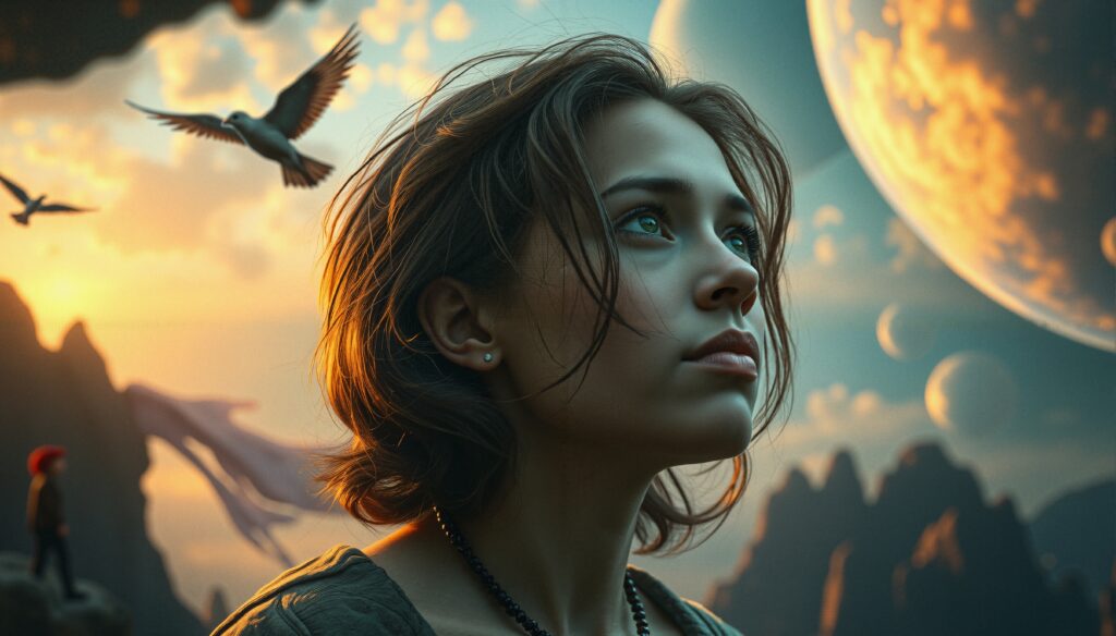 Portrait of a Woman Gazing at a Surreal, Epic Sunset Landscape w