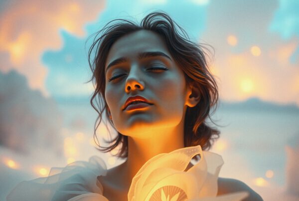 A serene woman in warm ethereal light with pastel sky.