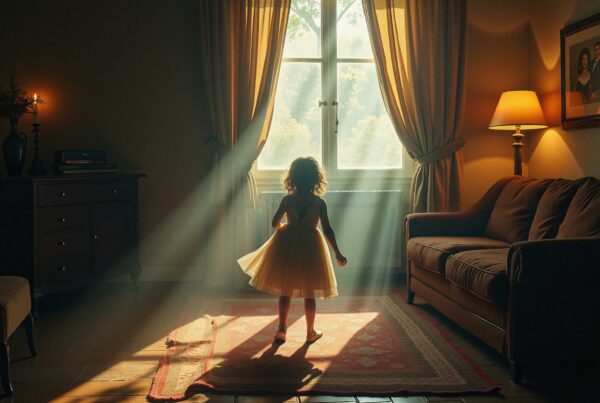 A young girl stands backlit by sunlight in a warmly lit room, creating a serene atmosphere.