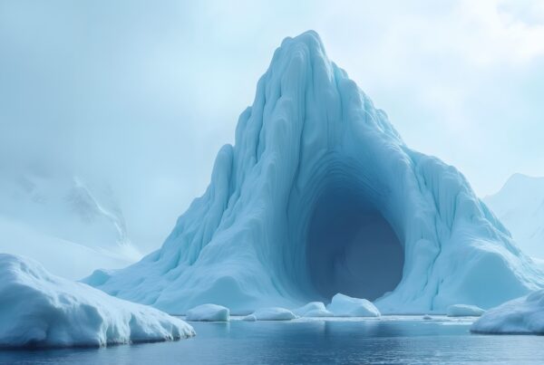 A majestic iceberg with a hollow center rises from calm polar waters, framed by distant snow-capped mountains.