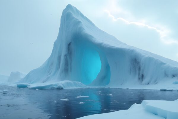 A large iceberg with a stunning blue arch reflected in calm polar waters, creating a serene Arctic scene.