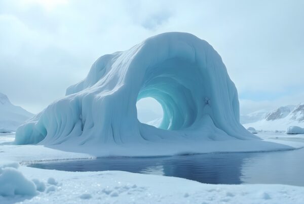 A striking ice arch reflects over calm water amidst a vast, snowy landscape.