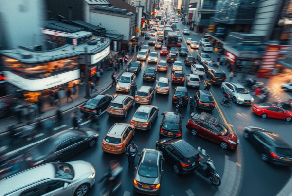 City street crowded with vehicles and pedestrians in a vibrant urban setting.