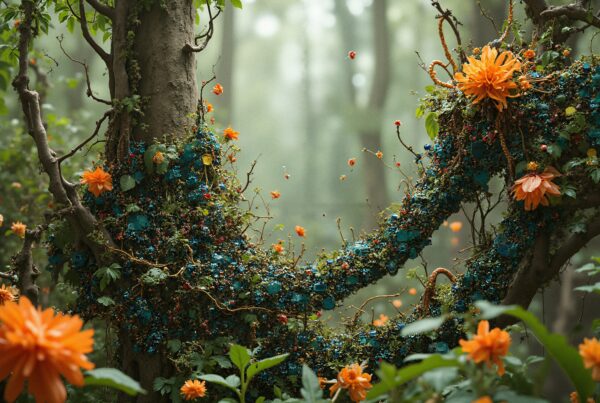 A mystical forest scene with vibrant orange flowers and decorative blue and red ornaments enhancing the natural beauty.