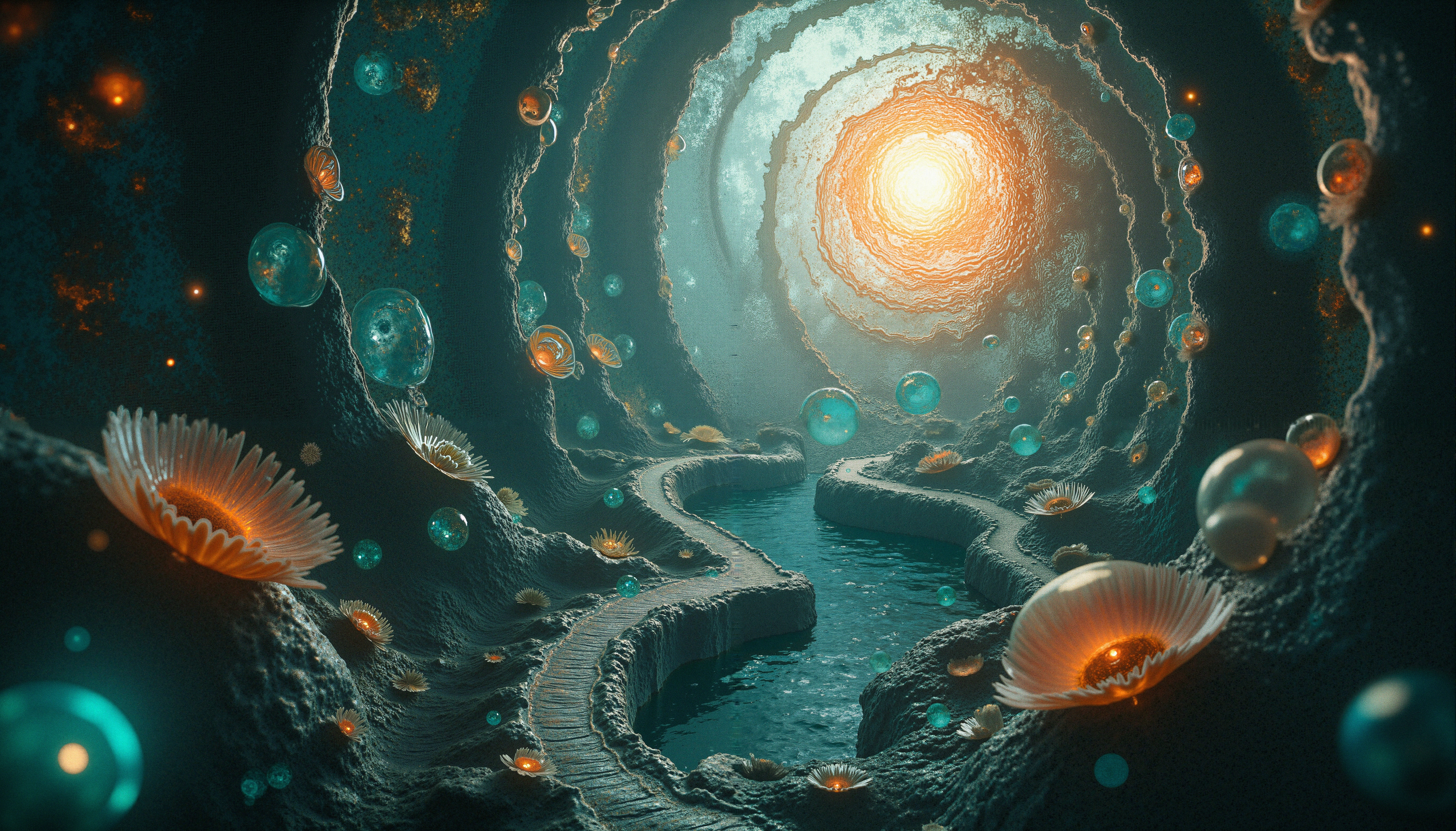 Surreal Luminescent Abyss with Glowing Waterways