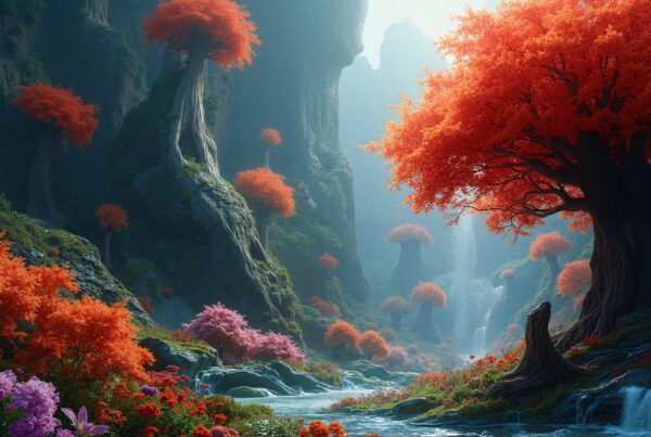 A stunning fantasy scene of a vibrant forest with colorful trees and cascading waterfalls.