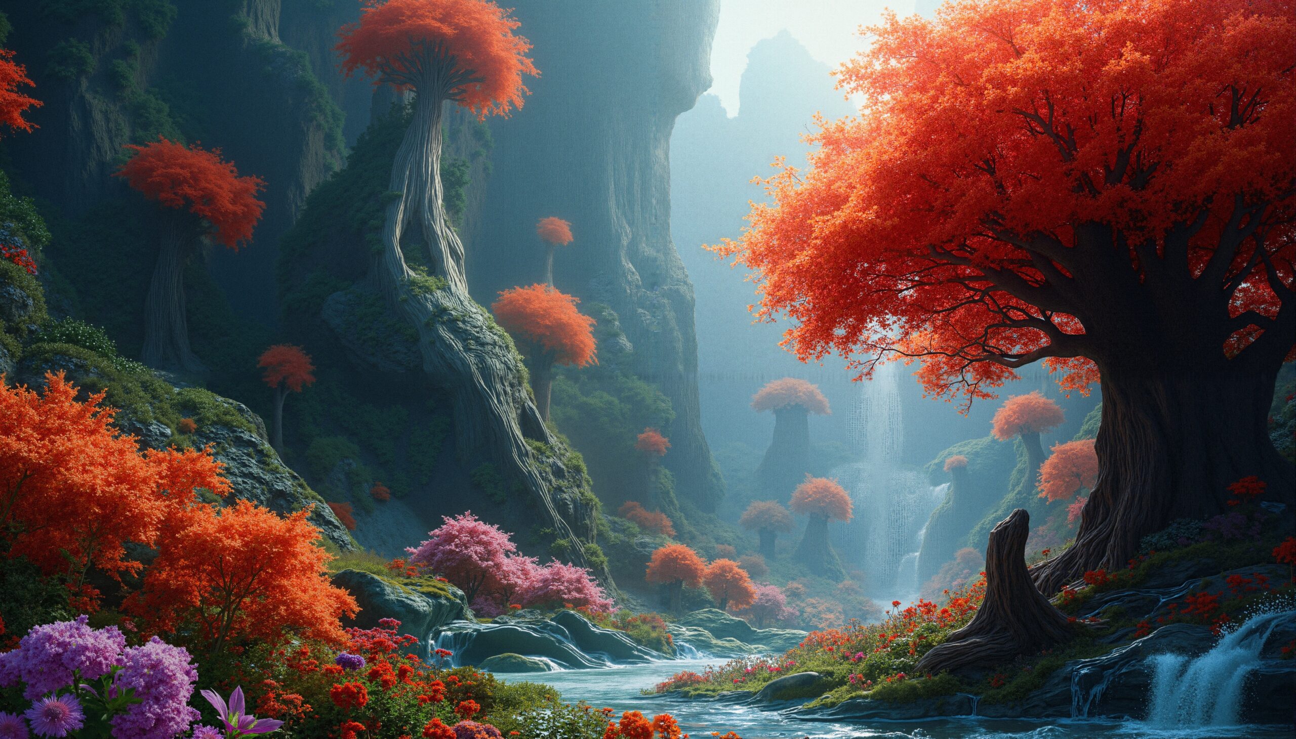 Vibrant Enchanted Forest with Waterfalls