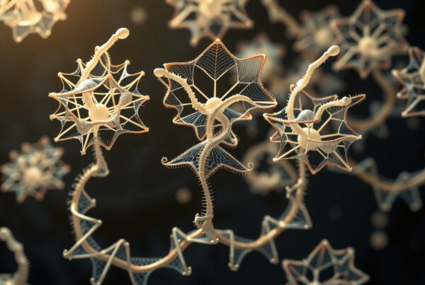 Intricate abstract geometric shapes resembling star-like structures float in a dark, ethereal space.