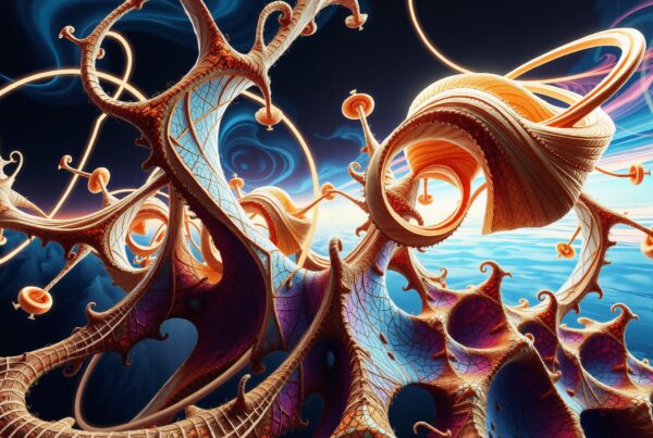A vibrant, surreal landscape with intricate twisting organic structures, rich in color and texture, set against a deep, ethereal sky.