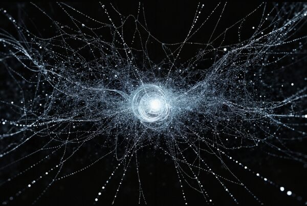 Detailed visualization of a glowing, interconnected network resembling neural pathways or a cosmic web on a dark background.